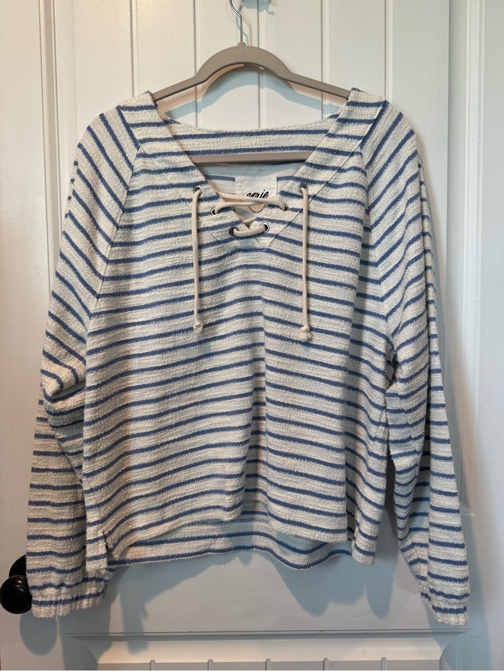 aerie Blue & White Striped Lace-Up Pullover